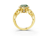 Yellow gold Fancy Green Heart Cut Halo Diamond Ring with Milgrain and Bezel Accents on a Split Shank Band_15