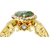 Yellow gold Fancy Green Heart Cut Halo Diamond Ring with Milgrain and Bezel Accents on a Split Shank Band_16