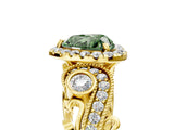 Yellow gold Fancy Green Heart Cut Halo Diamond Ring with Milgrain and Bezel Accents on a Split Shank Band_17