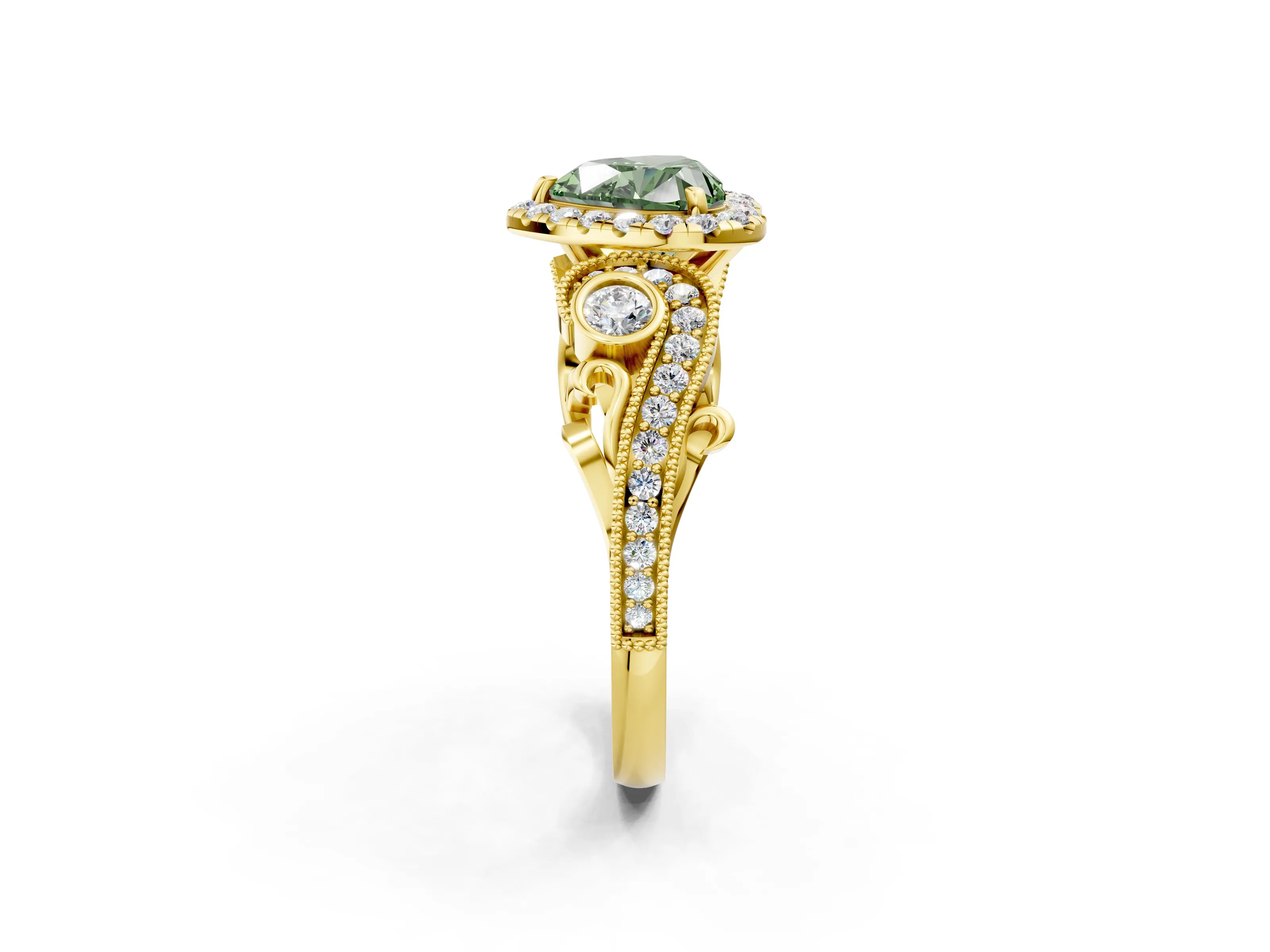 Yellow gold Fancy Green Heart Cut Halo Diamond Ring with Milgrain and Bezel Accents on a Split Shank Band_2