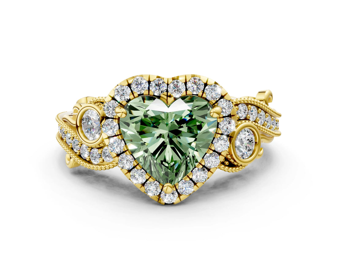 Yellow gold Fancy Green Heart Cut Halo Diamond Ring with Milgrain and Bezel Accents on a Split Shank Band_24