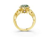 Yellow gold Fancy Green Heart Cut Halo Diamond Ring with Milgrain and Bezel Accents on a Split Shank Band_27