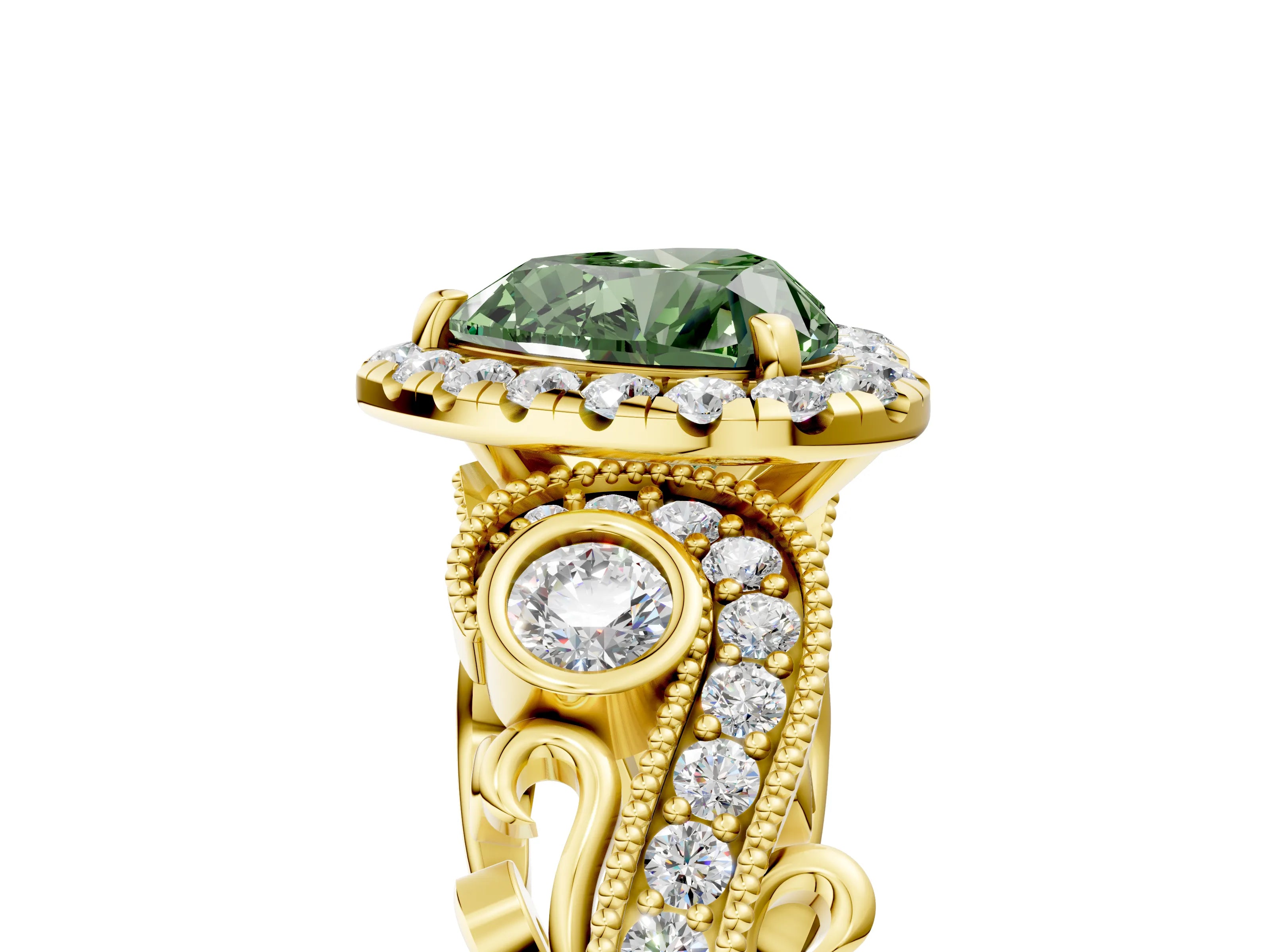 Yellow gold Fancy Green Heart Cut Halo Diamond Ring with Milgrain and Bezel Accents on a Split Shank Band_5