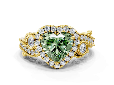 Yellow gold Fancy Green Heart Cut Halo Diamond Ring with Milgrain and Bezel Accents on a Split Shank Band