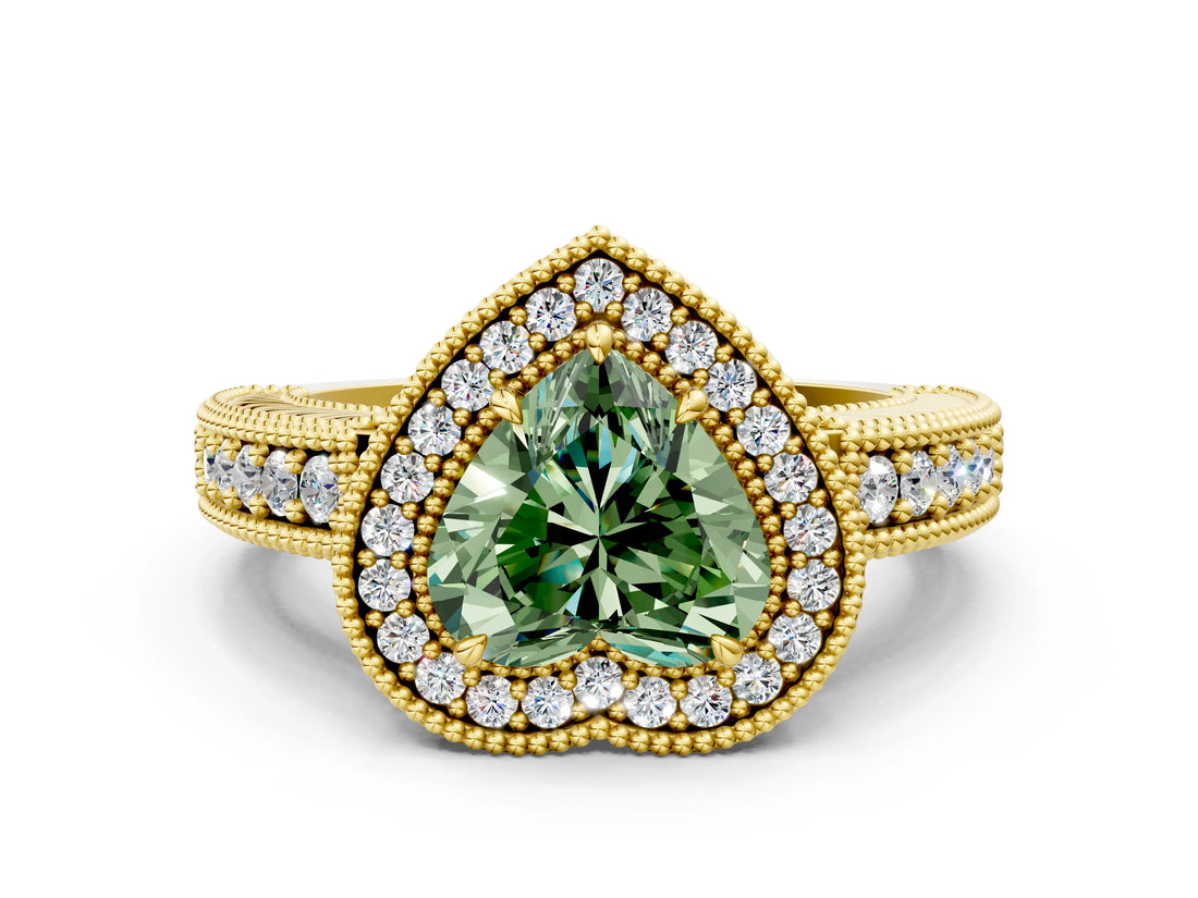 Yellow gold Fancy Green Heart  Cut Halo Diamond Ring with Pavé Band and Four-Prong Setting_29