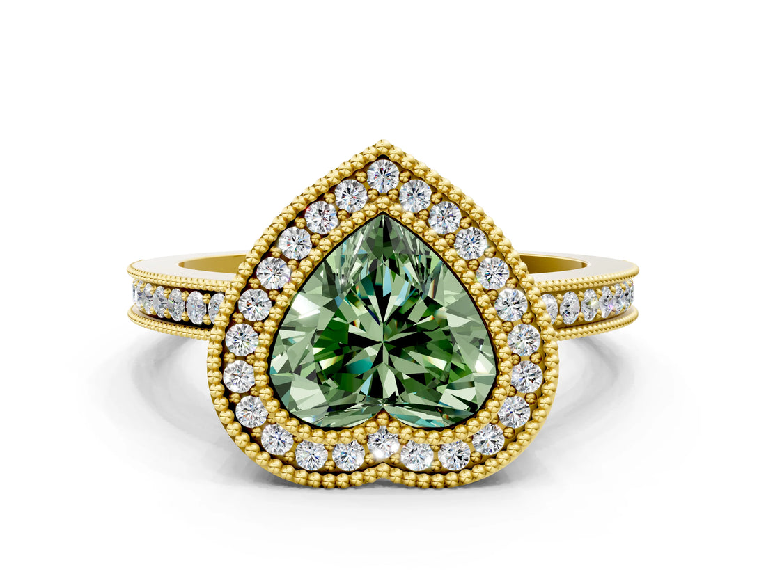 Yellow gold Fancy Green Heart  Cut Halo Diamond Ring with Pavé Band and Milgrain Prong Setting_32
