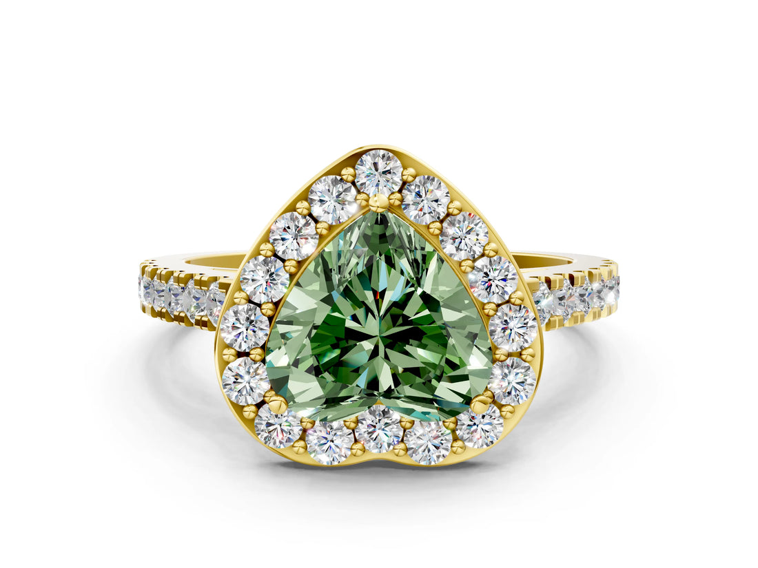 Yellow gold Fancy Green Heart Cut Halo Diamond Ring with Pavé Band and Three-Prong Setting