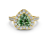 Yellow gold Fancy Green Heart Cut Halo Diamond Ring with Pavé Band and Three-Prong Setting
