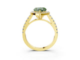 Yellow gold Fancy Green Heart Cut Halo Diamond Ring with Pavé Band and Three-Prong Setting_3