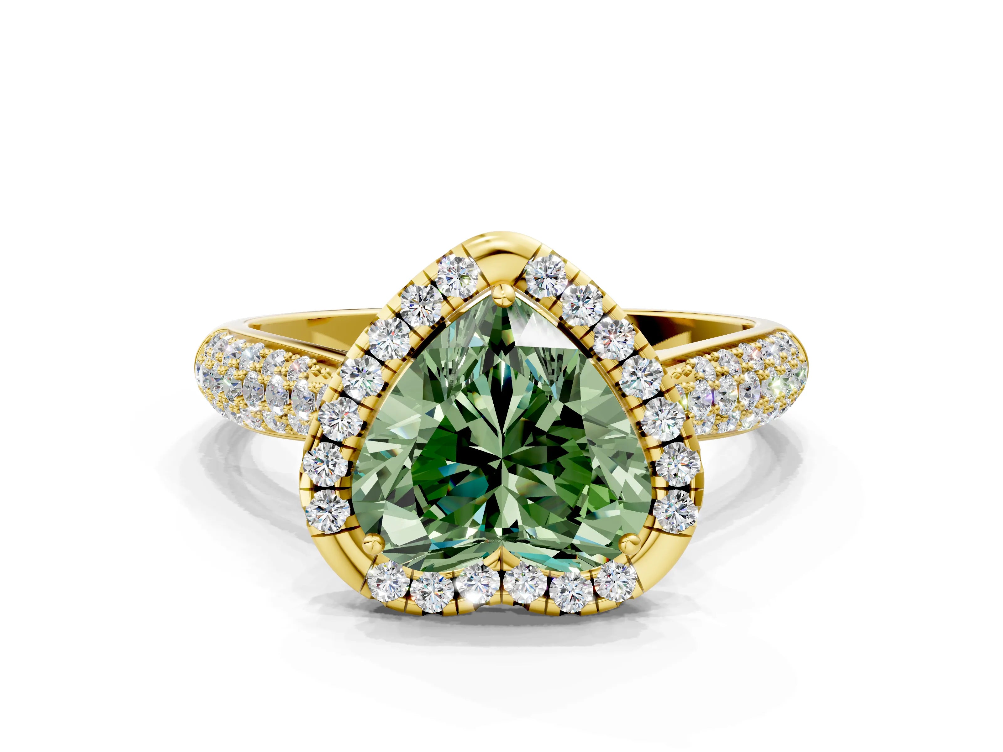 Yellow gold Fancy Green Heart Cut Halo Diamond Ring with Pavé Band