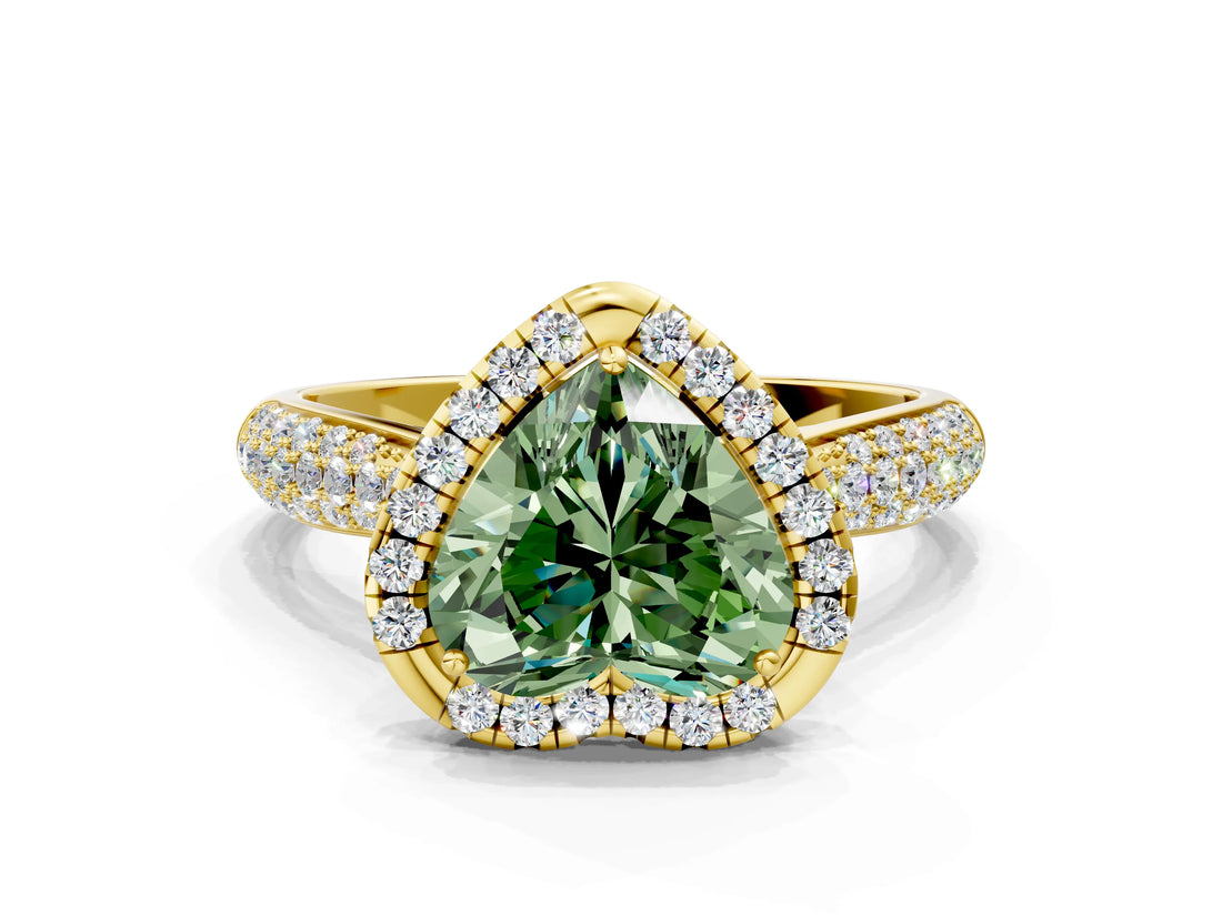 Yellow gold Fancy Green Heart Cut Halo Diamond Ring with Pavé Band