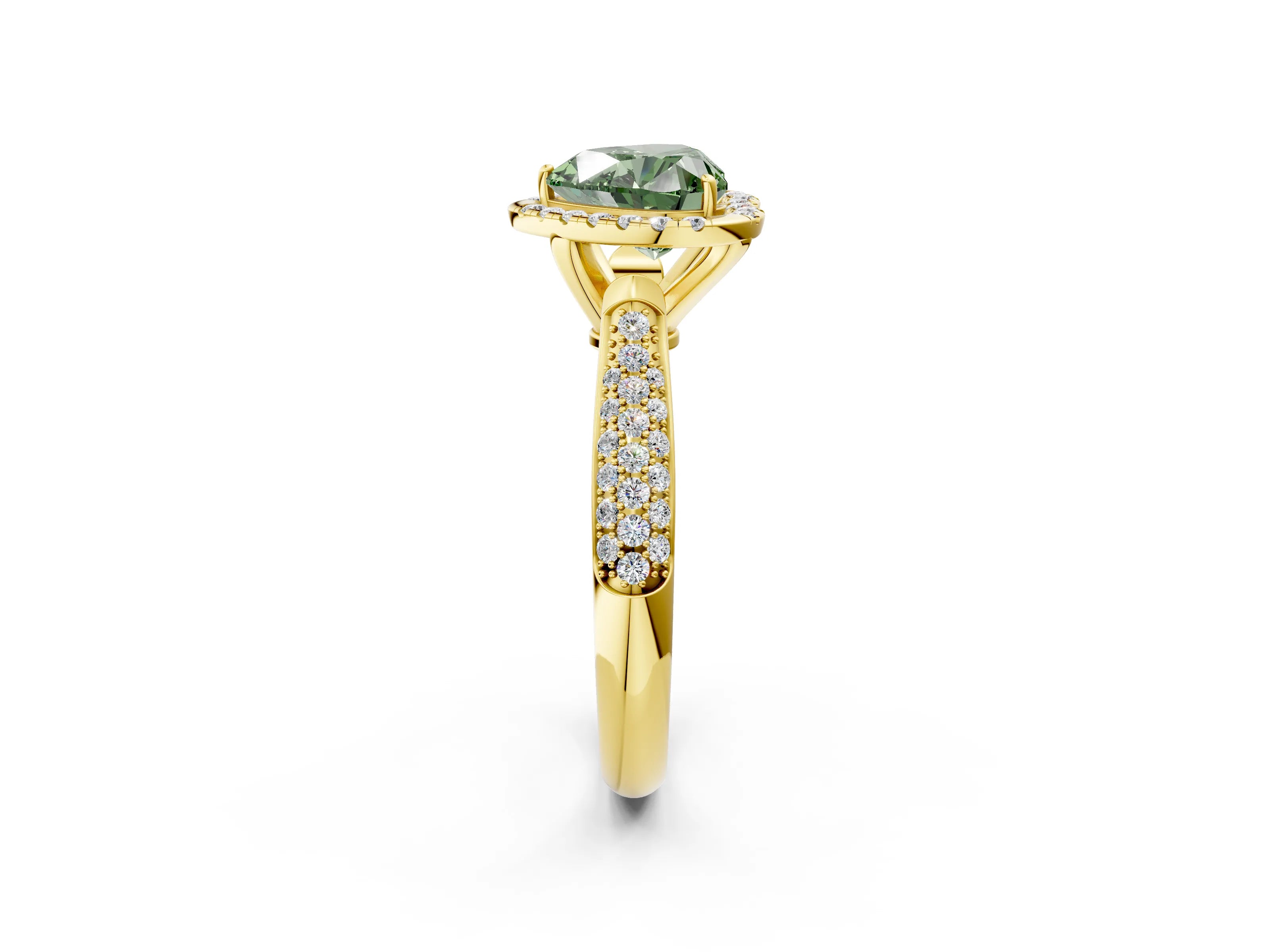 Yellow gold Fancy Green Heart Cut Halo Diamond Ring with Pavé Band_2