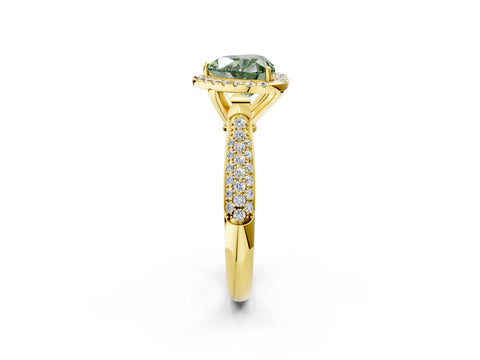 Yellow gold Fancy Green Heart Cut Halo Diamond Ring with Pavé Band_2