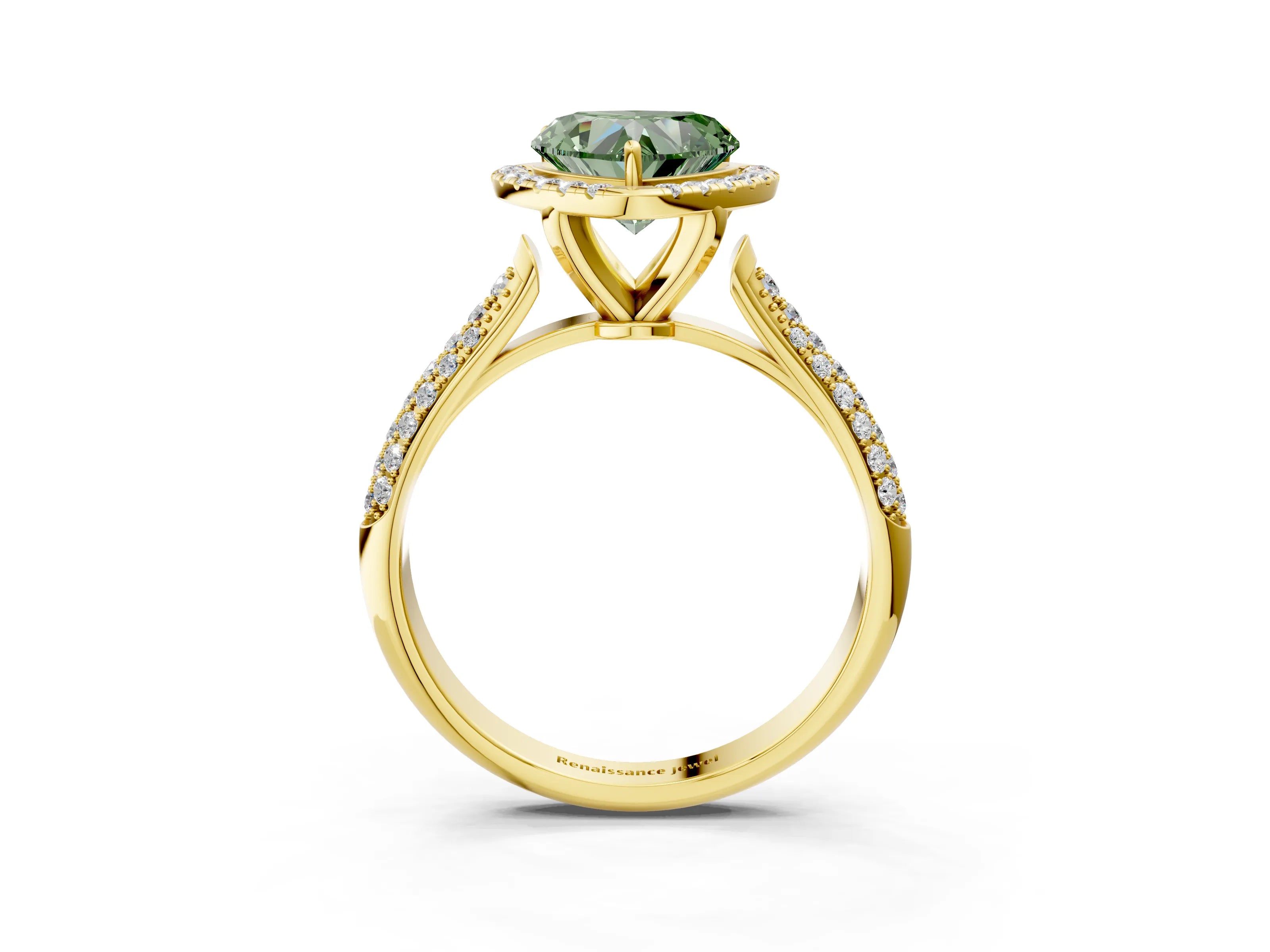 Yellow gold Fancy Green Heart Cut Halo Diamond Ring with Pavé Band_3