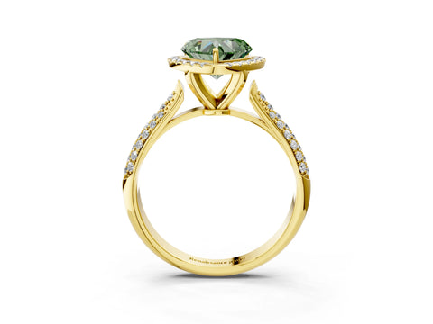 Yellow gold Fancy Green Heart Cut Halo Diamond Ring with Pavé Band_3