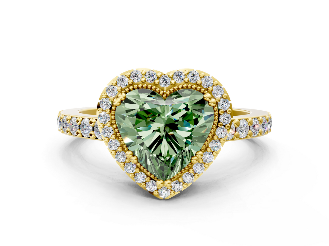 Yellow gold Fancy Green Heart  Cut Halo Diamond Ring with Pave Band and Four-Prong Setting