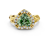 Yellow gold Fancy Green Heart  Cut Halo Diamond Ring with Scrollwork Band and Four-Prong Setting