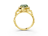 Yellow gold Fancy Green Heart  Cut Halo Diamond Ring with Scrollwork Band and Four-Prong Setting_3