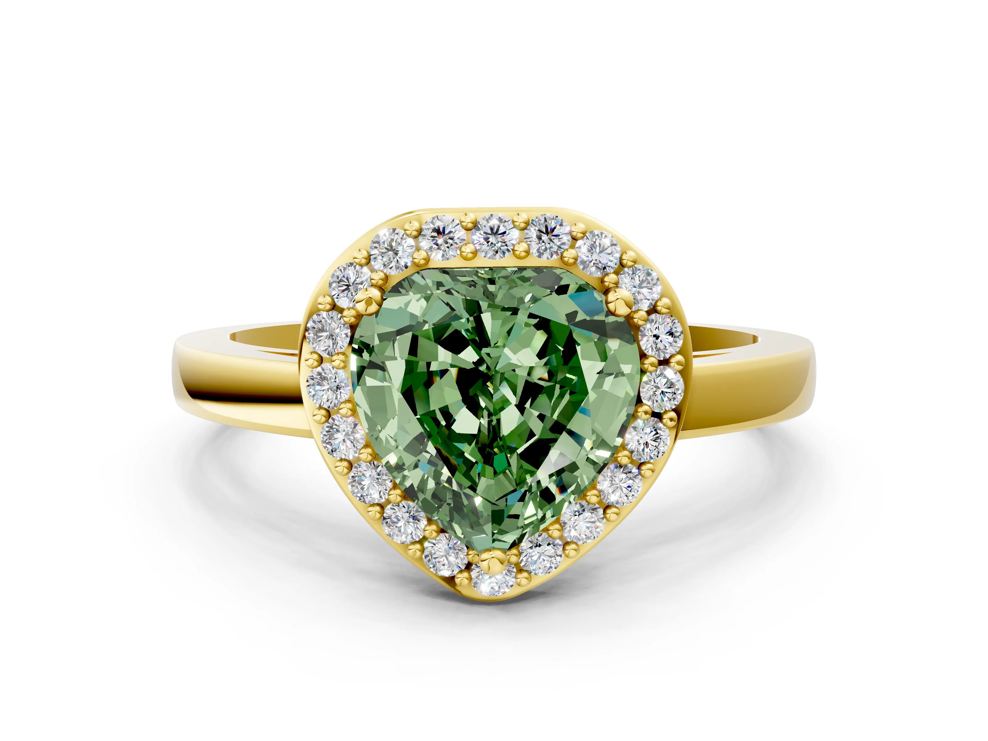Yellow gold Fancy Green Heart Cut Halo Diamond Ring with Solitaire Band and Prong Setting