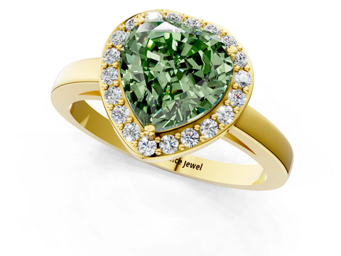 Yellow gold Fancy Green Heart Cut Halo Diamond Ring with Solitaire Band and Prong Setting_1