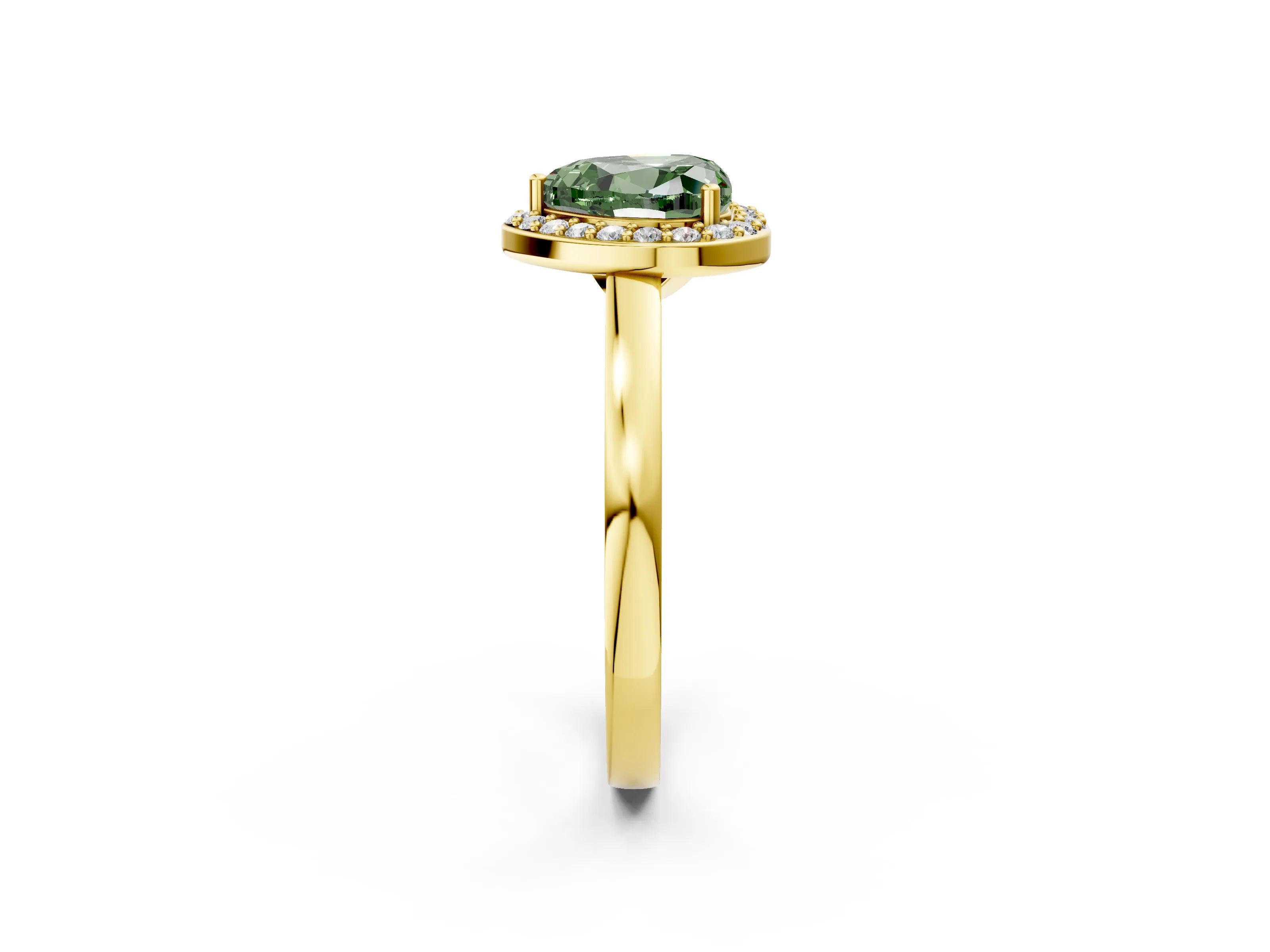 Yellow gold Fancy Green Heart Cut Halo Diamond Ring with Solitaire Band and Prong Setting_2