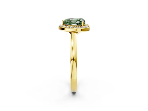 Yellow gold Fancy Green Heart Cut Halo Diamond Ring with Solitaire Band and Prong Setting_2