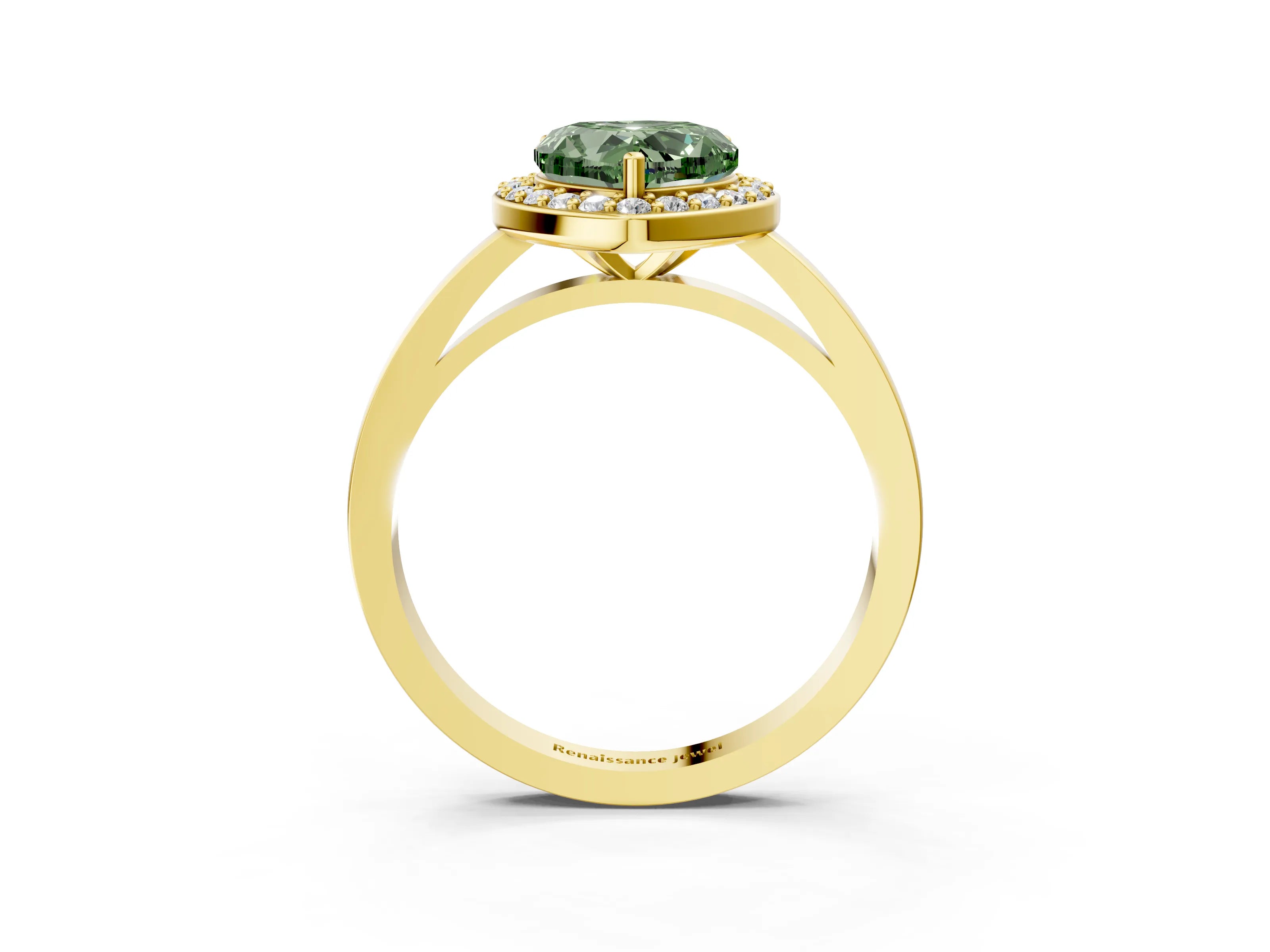 Yellow gold Fancy Green Heart Cut Halo Diamond Ring with Solitaire Band and Prong Setting_3