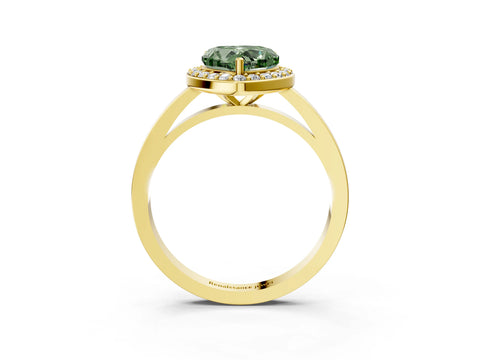 Yellow gold Fancy Green Heart Cut Halo Diamond Ring with Solitaire Band and Prong Setting_3