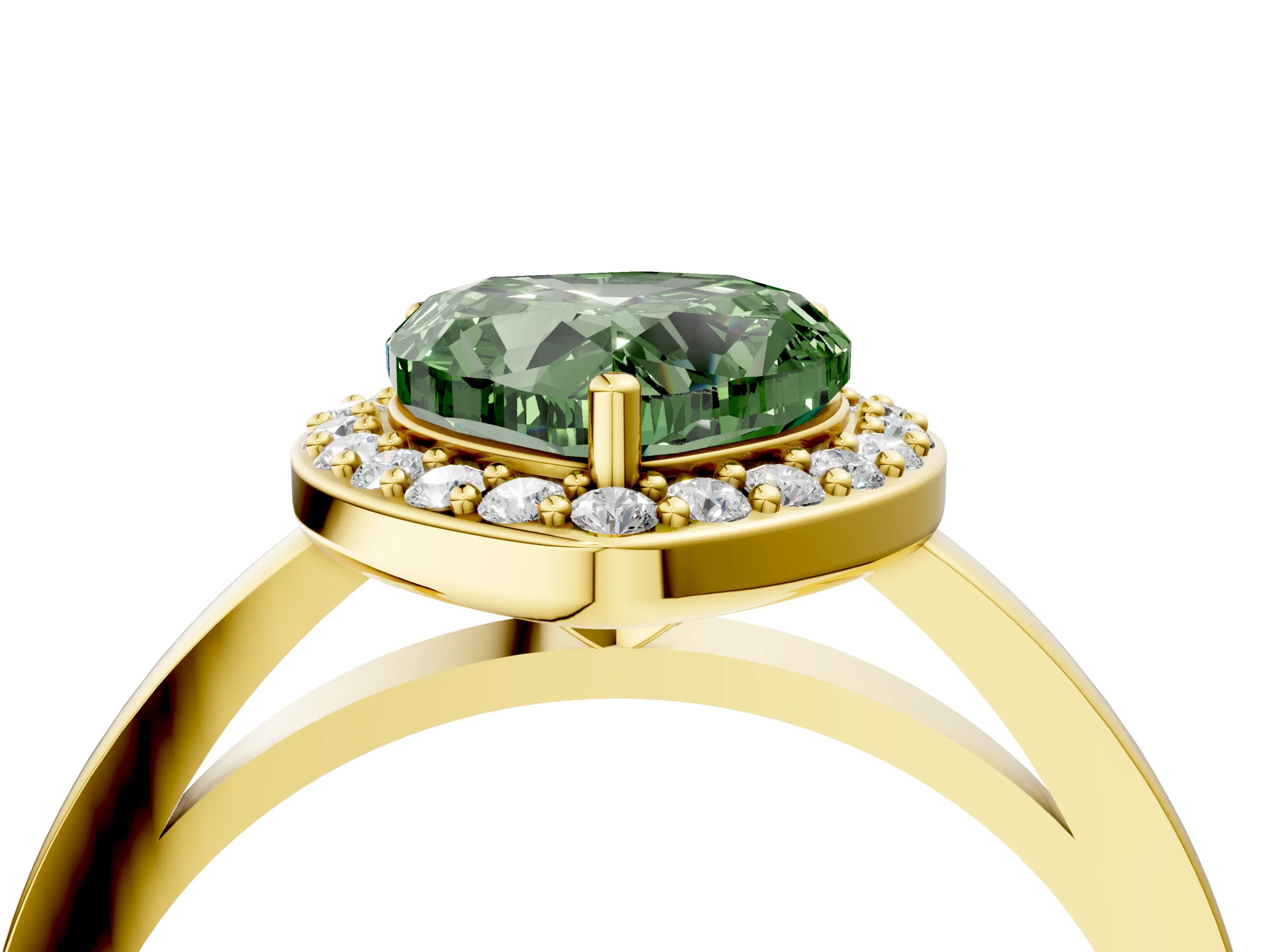 Yellow gold Fancy Green Heart Cut Halo Diamond Ring with Solitaire Band and Prong Setting_4