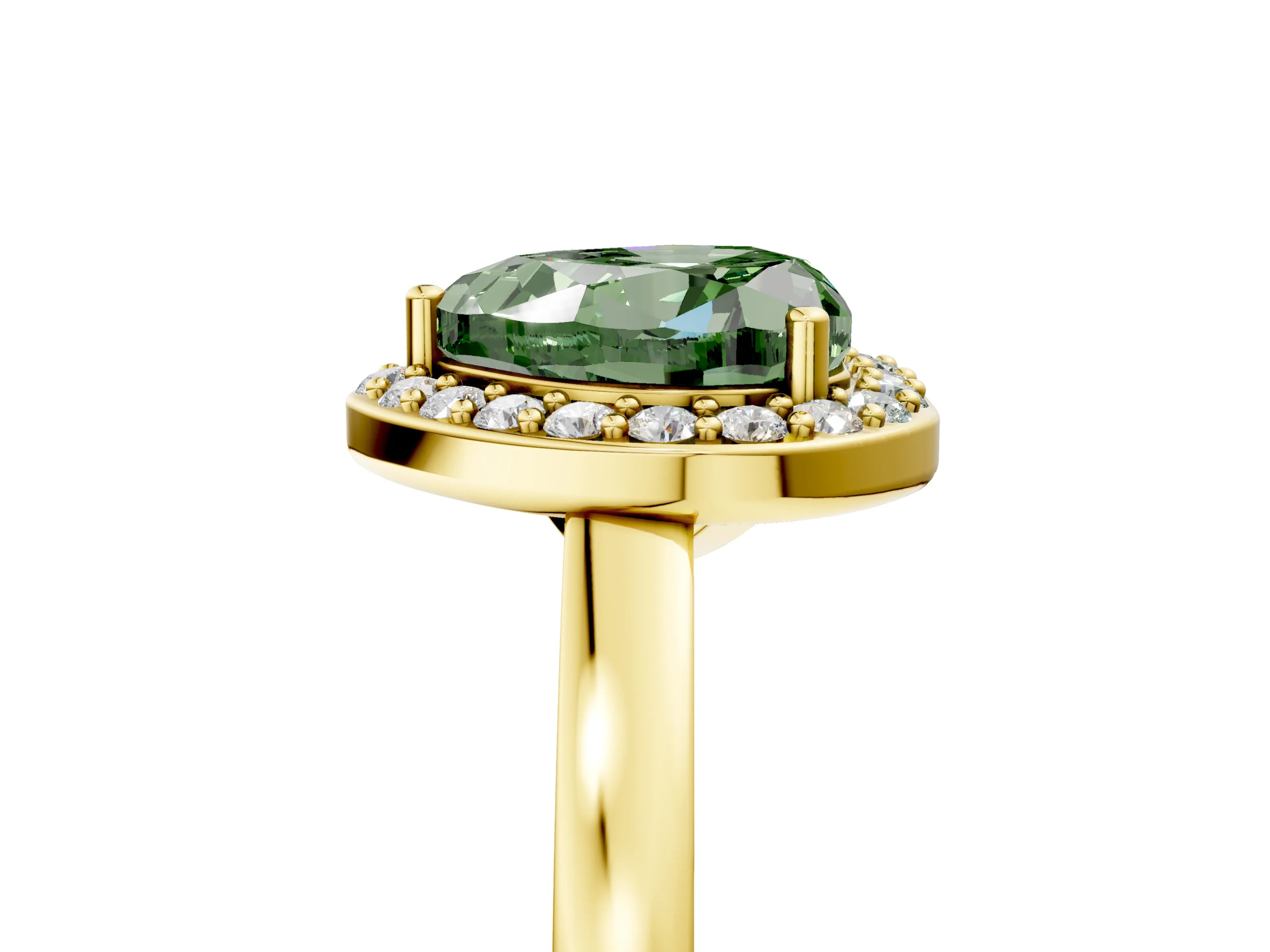 Yellow gold Fancy Green Heart Cut Halo Diamond Ring with Solitaire Band and Prong Setting_5