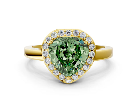 Yellow gold Fancy Green Heart Cut Halo Diamond Ring with Solitaire Band and Prong Setting