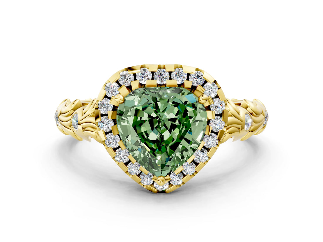 Yellow gold Fancy Green Heart Cut Halo Diamond Solitaire with Filigree Band and Four-Prong Setting