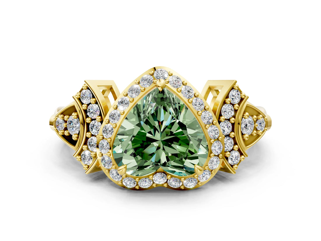 Yellow gold Fancy Green Heart Cut Halo Diamond Split Shank Engagement Ring with Four-Prong Setting