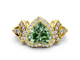 Yellow gold Fancy Green Heart Cut Halo Diamond Split Shank Engagement Ring with Four-Prong Setting