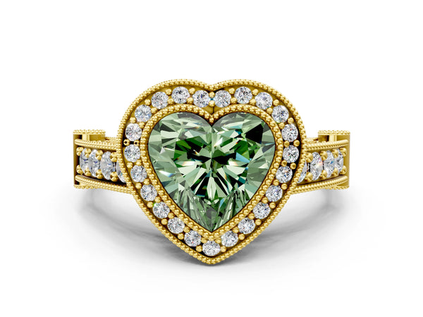 Yellow Gold Heart-Shaped Vintage Bezel Halo Engagement Ring Setting for Fancy Green Center