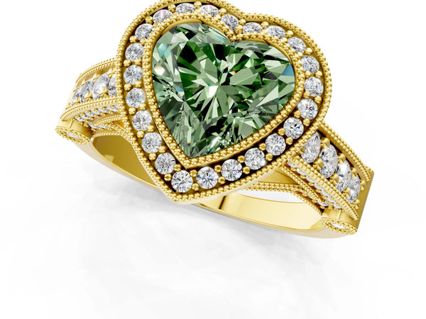 Yellow Gold Heart-Shaped Vintage Bezel Halo Engagement Ring Setting for Fancy Green Center