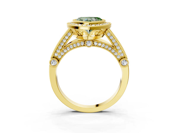Yellow Gold Heart-Shaped Vintage Bezel Halo Engagement Ring Setting for Fancy Green Center