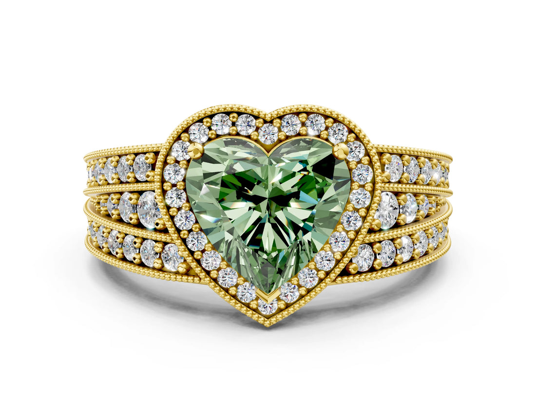 Yellow gold Fancy Green Heart Cut Halo Diamond Split Shank Ring with Prong Setting_12