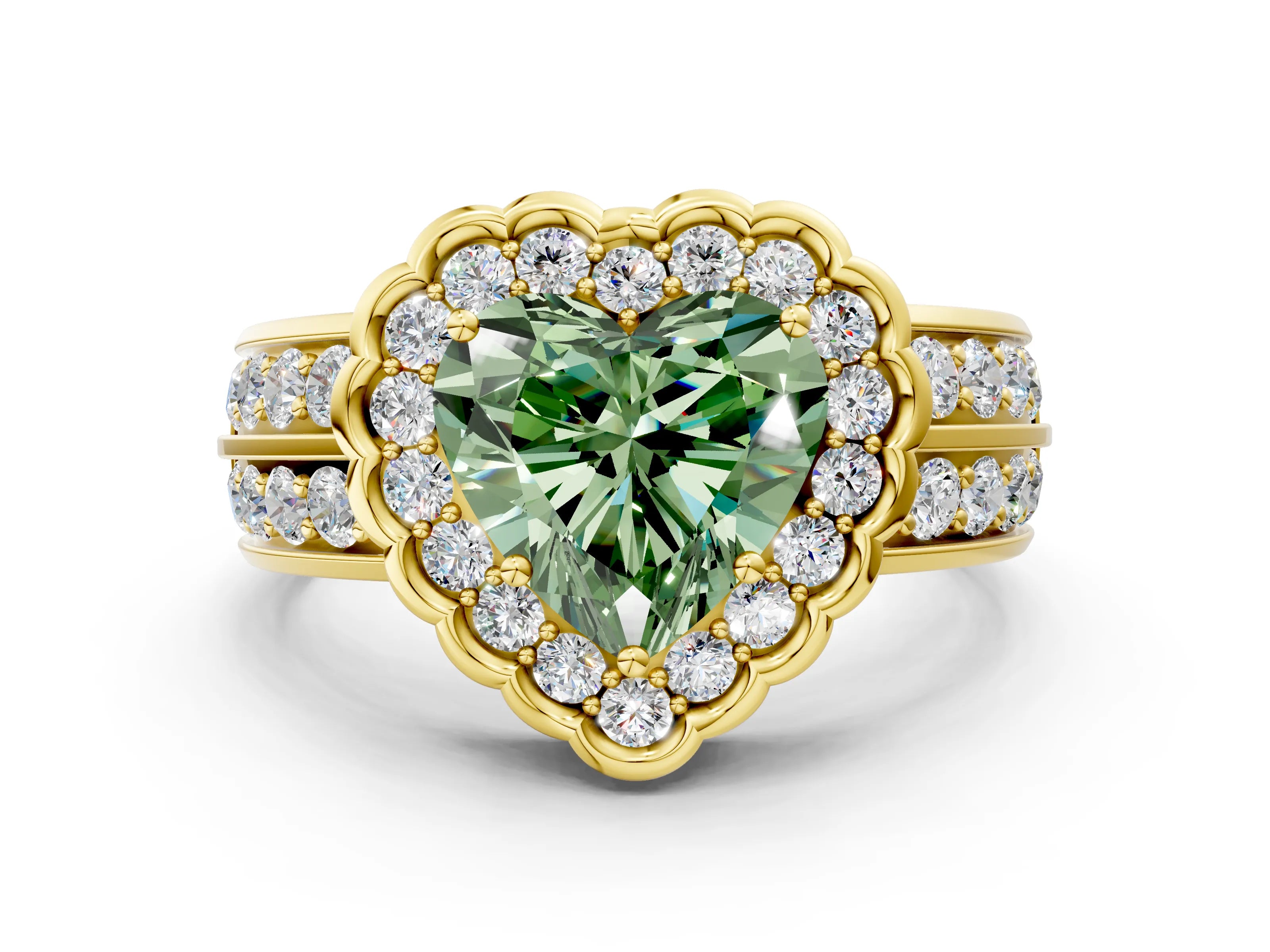 Yellow gold Fancy Green Heart Cut Halo Diamond Split Shank Ring with Scalloped Prong Setting