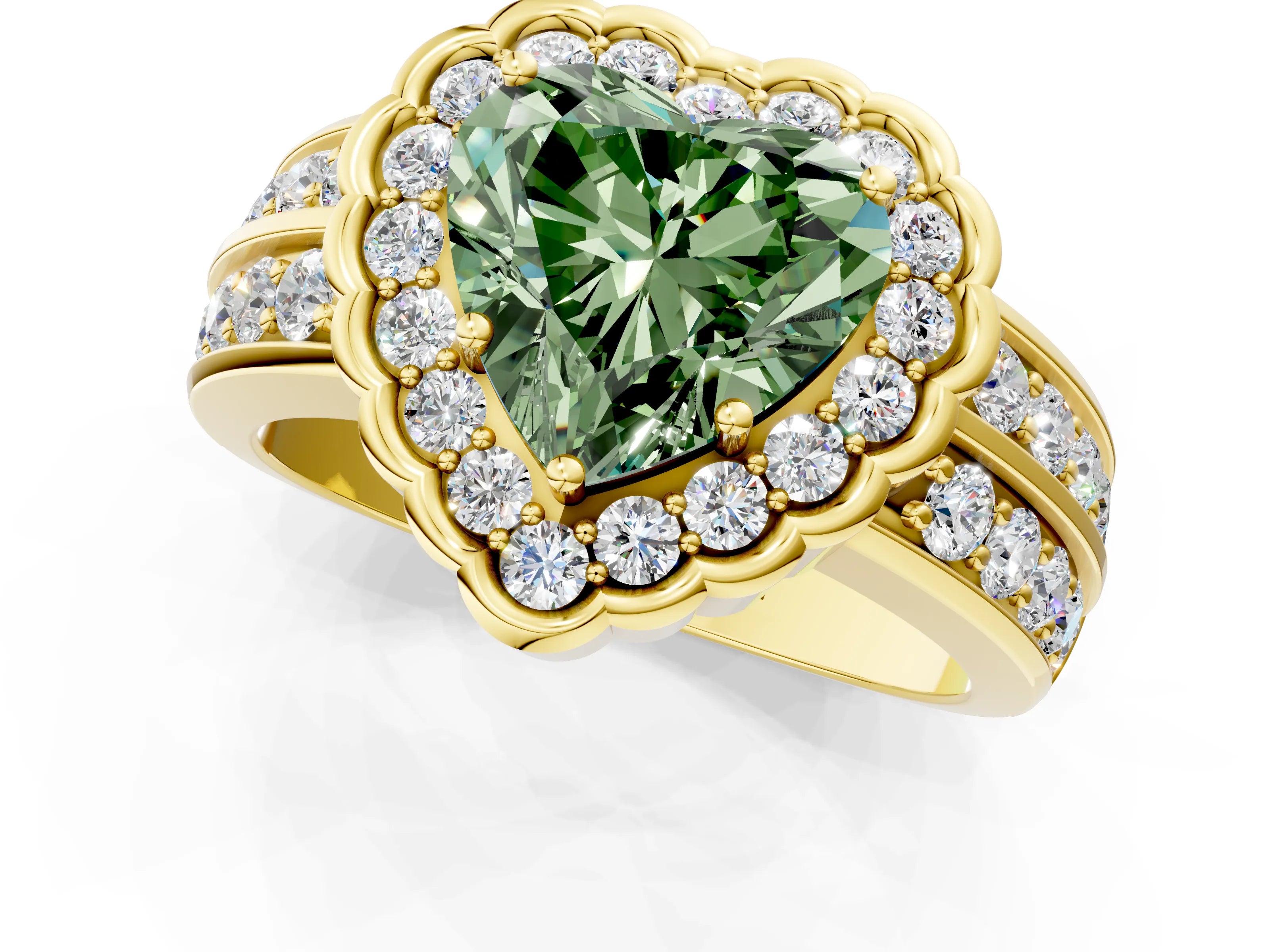 Yellow gold Fancy Green Heart Cut Halo Diamond Split Shank Ring with Scalloped Prong Setting_1