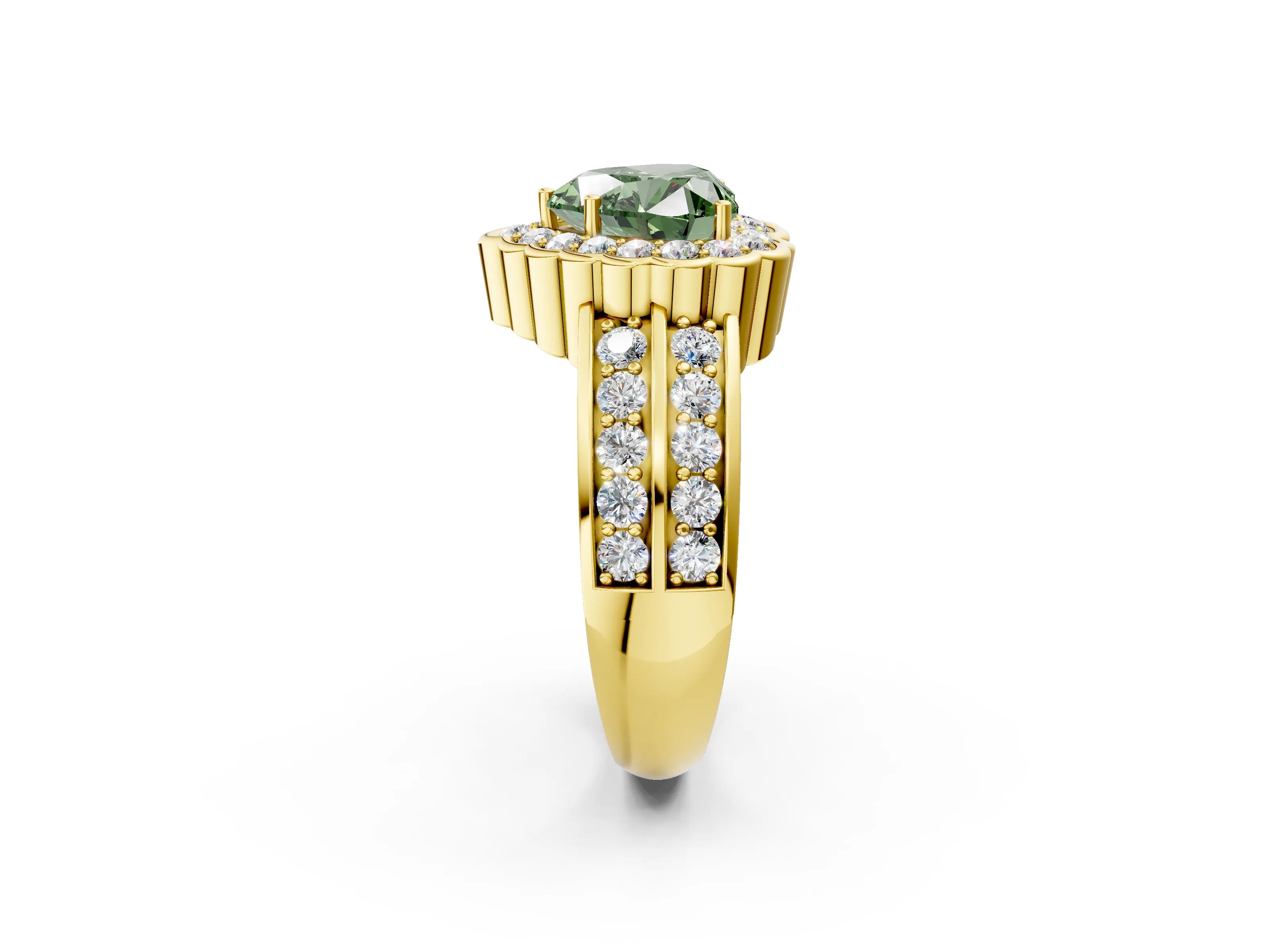 Yellow gold Fancy Green Heart Cut Halo Diamond Split Shank Ring with Scalloped Prong Setting_2