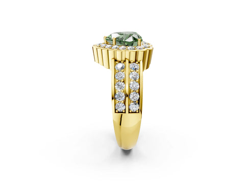 Yellow gold Fancy Green Heart Cut Halo Diamond Split Shank Ring with Scalloped Prong Setting_2