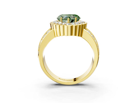 Yellow gold Fancy Green Heart Cut Halo Diamond Split Shank Ring with Scalloped Prong Setting_3