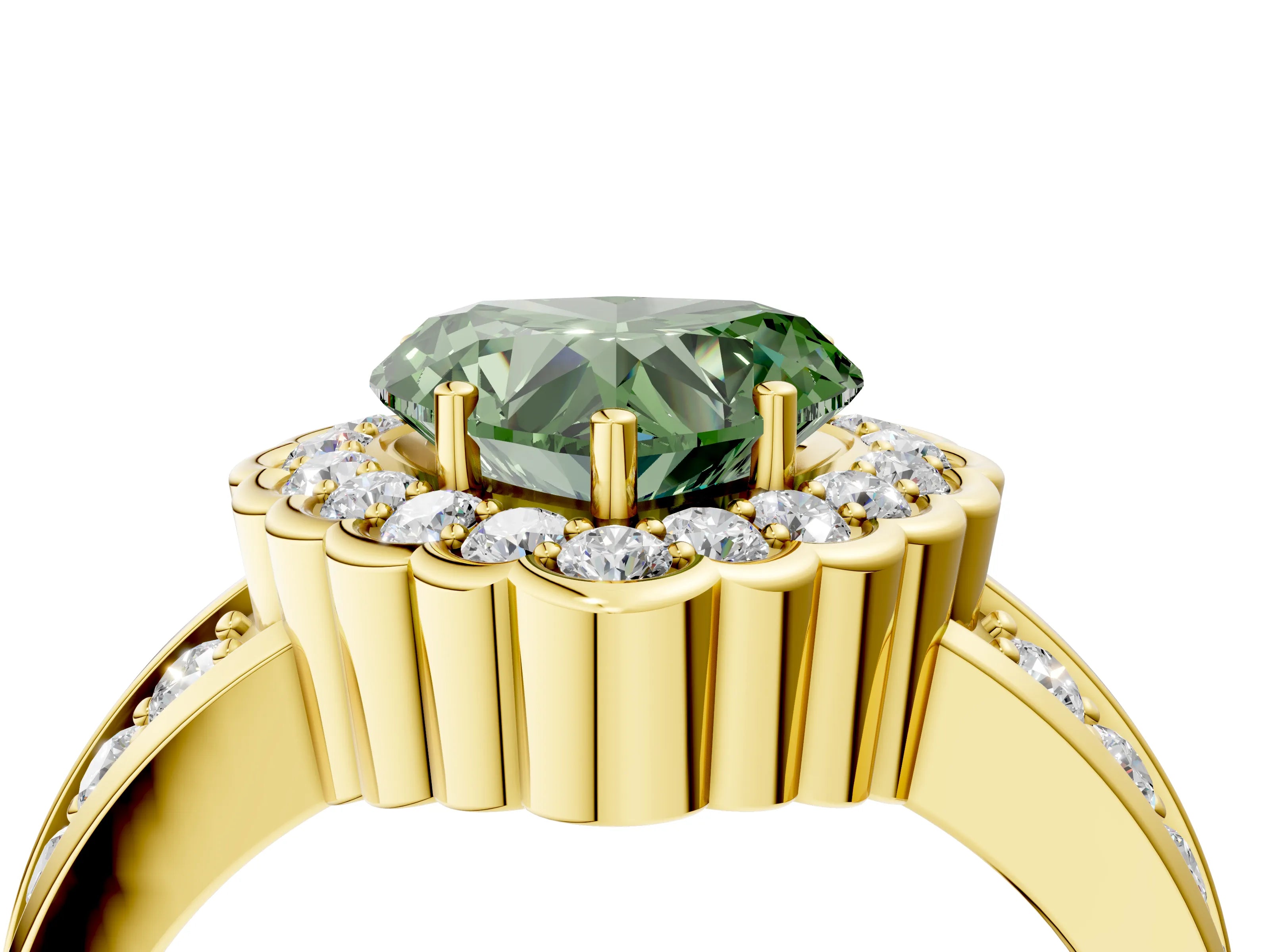 Yellow gold Fancy Green Heart Cut Halo Diamond Split Shank Ring with Scalloped Prong Setting_4