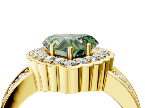 Yellow gold Fancy Green Heart Cut Halo Diamond Split Shank Ring with Scalloped Prong Setting_4