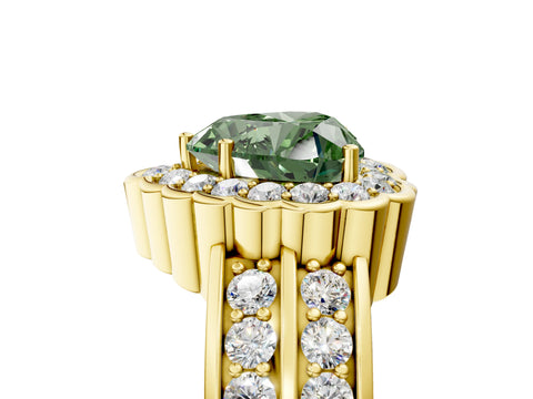 Yellow gold Fancy Green Heart Cut Halo Diamond Split Shank Ring with Scalloped Prong Setting_5