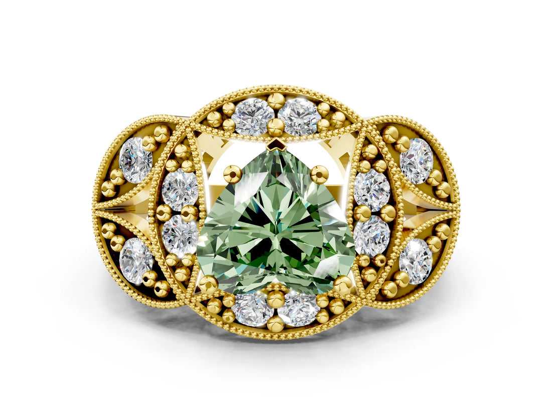 Yellow gold Fancy Green Heart Cut Halo Milgrain Diamond Engagement Ring with Leaf Band and Four-Prong Setting