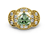 Yellow gold Fancy Green Heart Cut Halo Milgrain Diamond Engagement Ring with Leaf Band and Four-Prong Setting