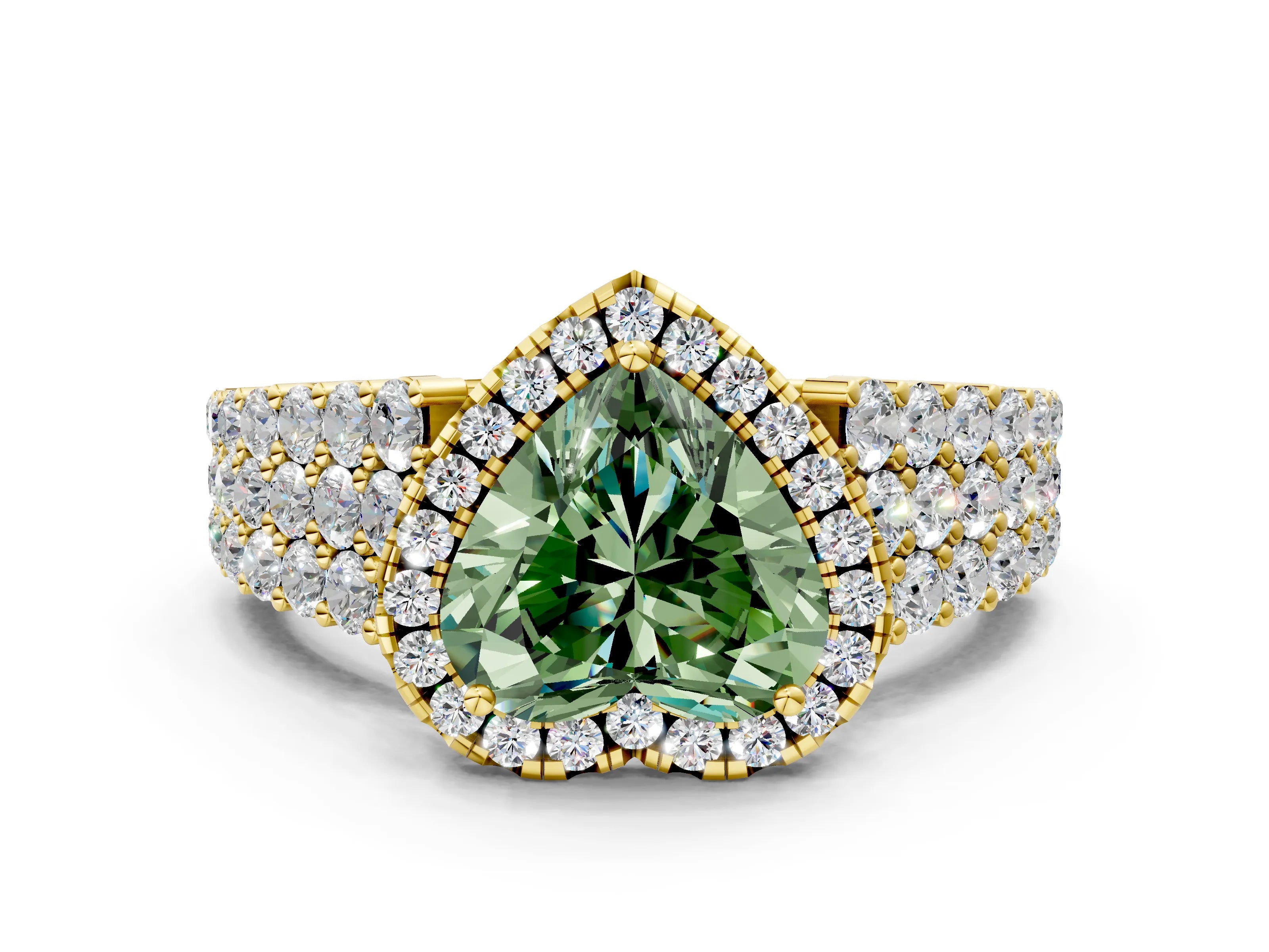 Yellow gold Fancy Green Heart Cut Halo Pavé Diamond Engagement Ring with Split Shank and Four-Prong Setting_3