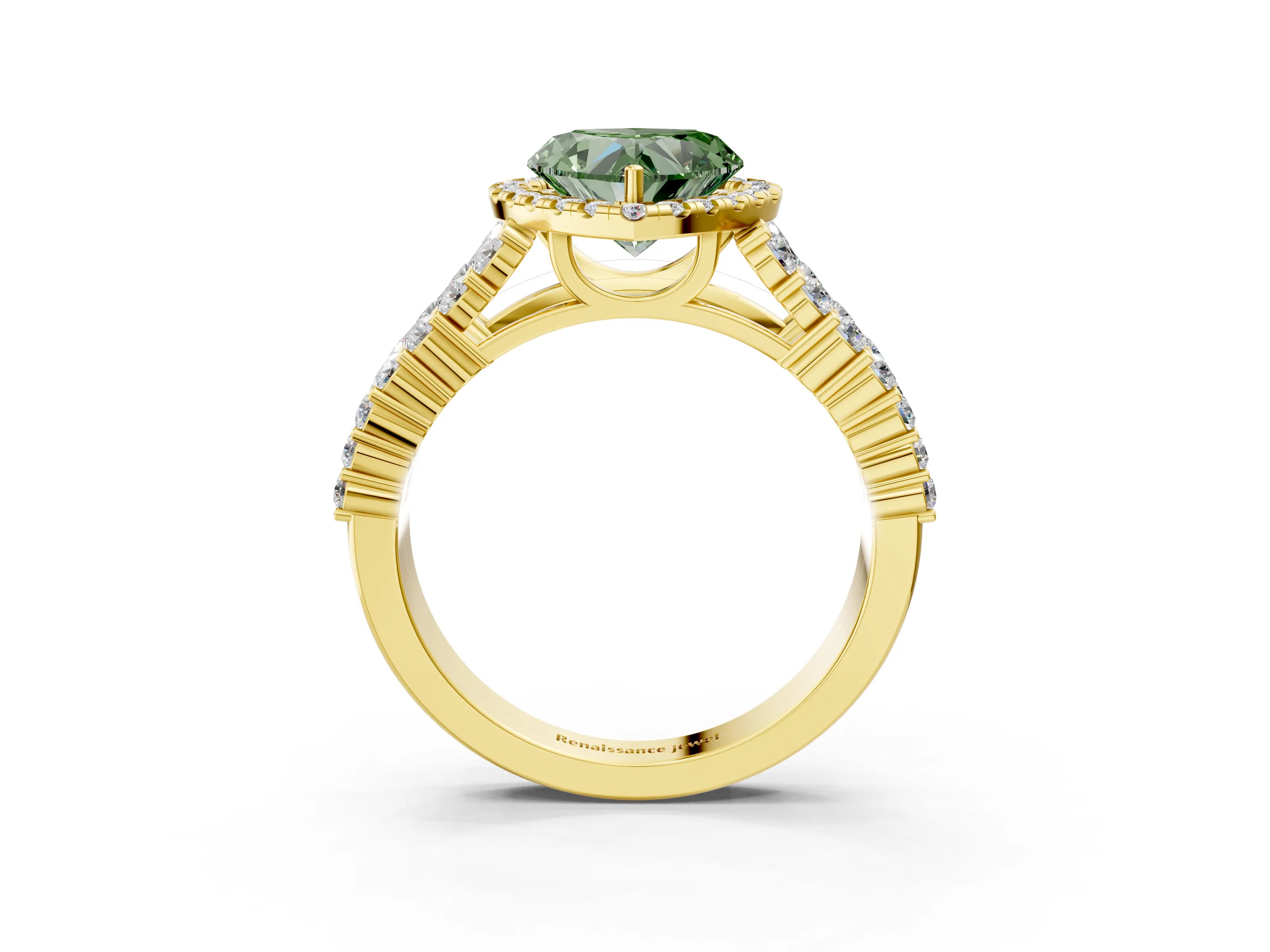 Yellow gold Fancy Green Heart Cut Halo Pavé Diamond Engagement Ring with Split Shank and Four-Prong Setting_6